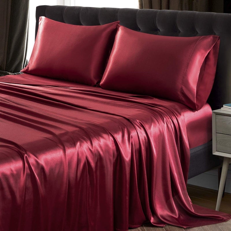 SiinvdaBZX 4Pcs Satin Sheet Set Queen Size Ultra Silky Soft Burgundy Satin Queen Bed Sheets with Deep Pocket  1 Fitted Sheet  1 Flat Sheet  2 Envelope Closure Pillowcases - Image 2